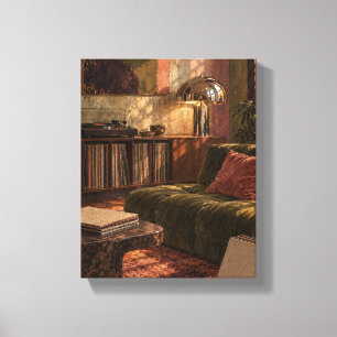 Olive Listening Room with Chrome Lamp   Retro Inte Canvas Print