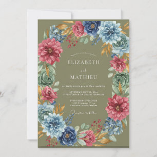 Olive Magenta Dahlia Wedding Invitation
