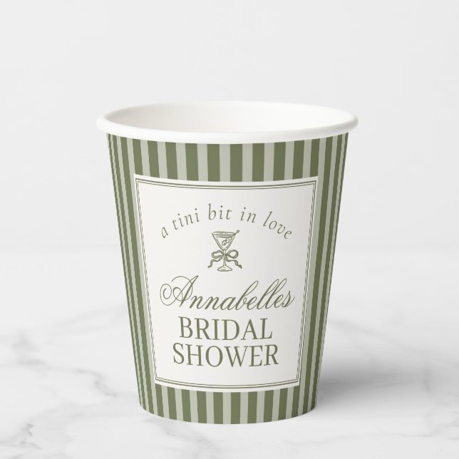 Olive Martini Old Money Striped Bridal Shower Paper Cups (Front)