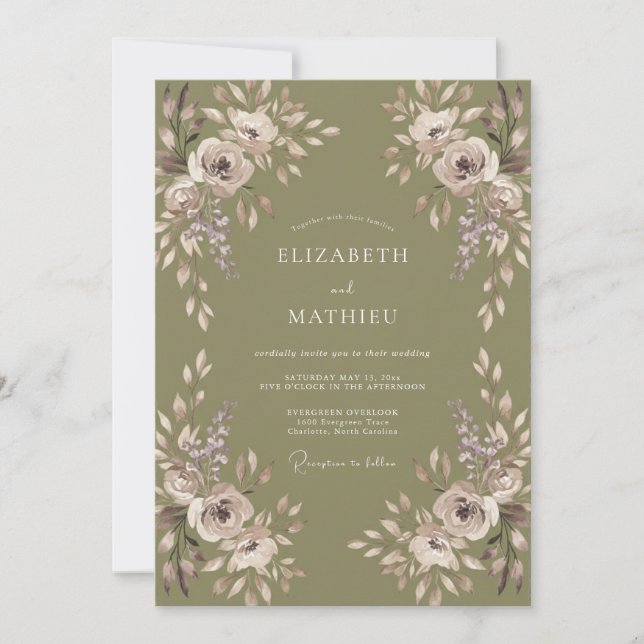 Olive Mauve Petal Wedding Invitation (Front)