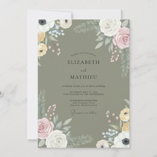 Olive Mauve Wildflower Wedding Invitation (Front)