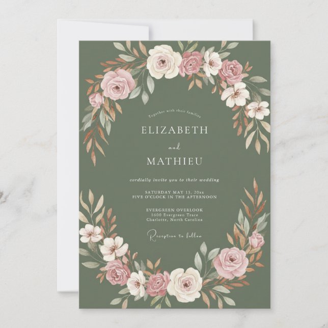 Olive Mauve Wreath Wedding Invitation (Front)