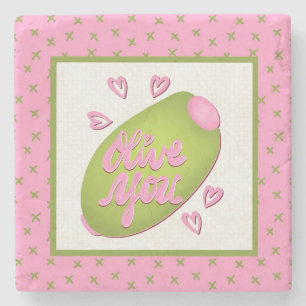 Olive Me Loves Olive You Retro Pink Olive Pattern Stone Coaster