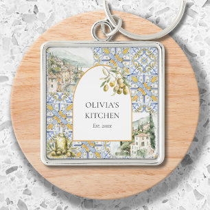 Olive Mediterranean Botanical Yellow Blue Key Ring