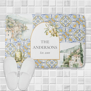 Olive Mediterranean Yellow Blue Tile Pattern Bath Mat