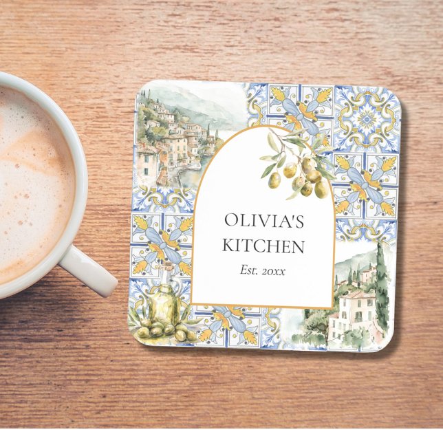 Olive Mediterranean Yellow Blue Tile Pattern Coaster (In situ)