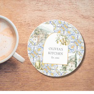 Olive Mediterranean Yellow Blue Tile Pattern Coaster