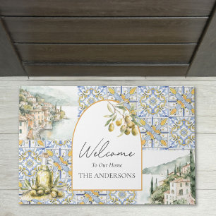 Olive Mediterranean Yellow Blue Tile Pattern Doormat