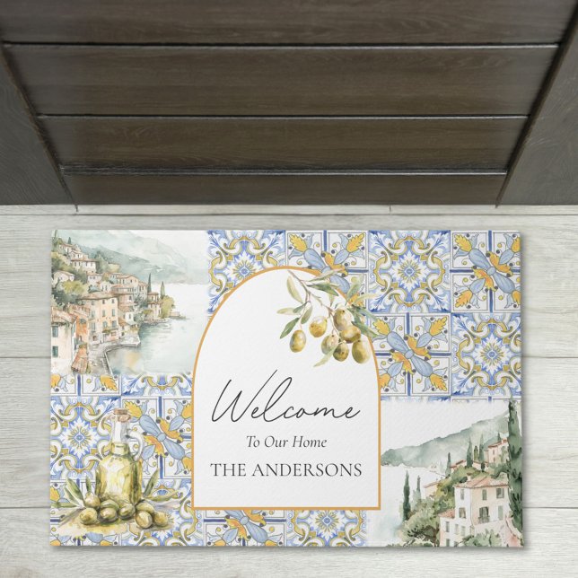 Olive Mediterranean Yellow Blue Tile Pattern Doormat (In situ)