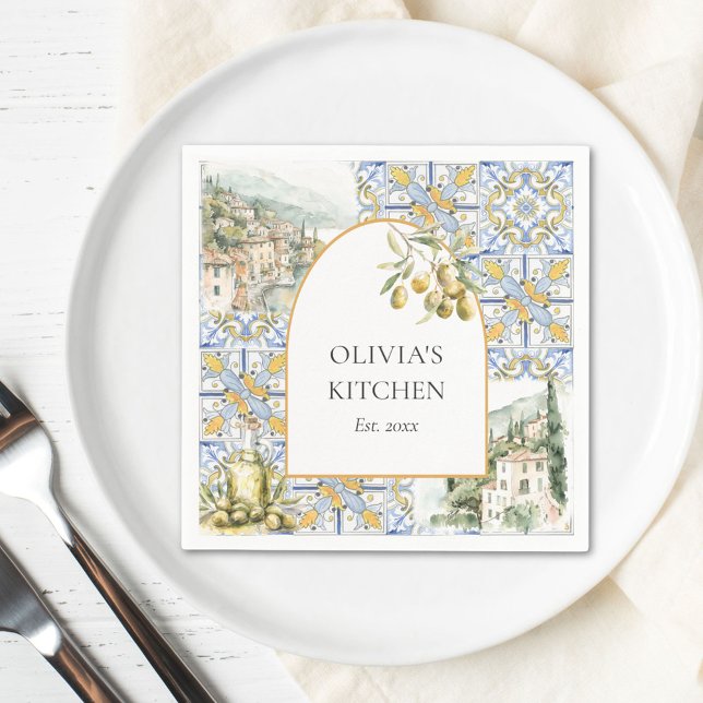 Olive Mediterranean Yellow Blue Tile Pattern Napkin (In situ)