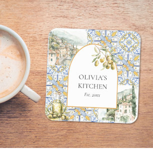 Olive Mediterranean Yellow Blue Tile Pattern Square Paper Coaster