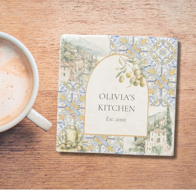 Olive Mediterranean Yellow Blue Tile Pattern Stone Coaster (In situ)