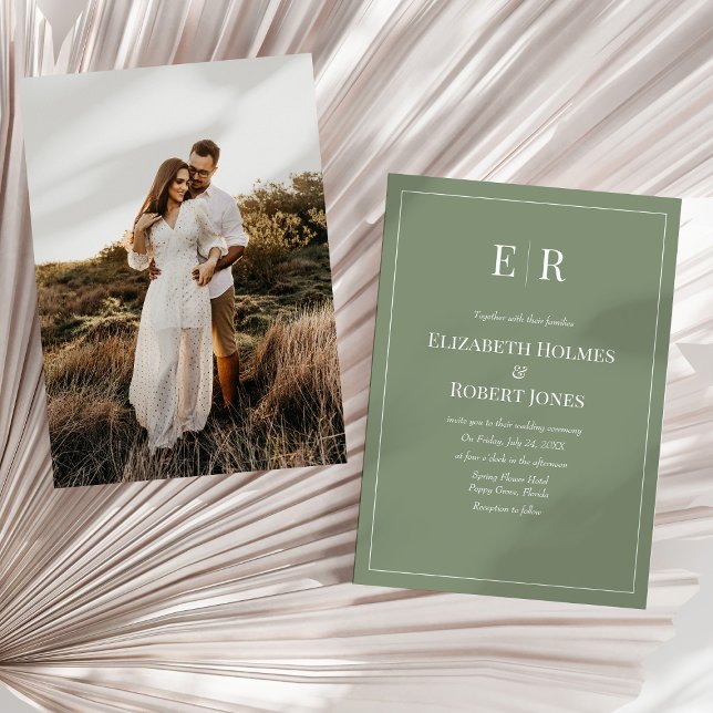 Olive Minimalist Monogram & Photo Wedding  Invitation (Olive Minimalist Monogram & Photo Wedding Invitation on a sunny neutral dry palm leaf.)