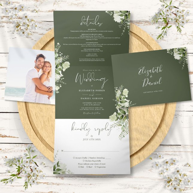 Olive Modern Botanical Greenery Photo Wedding Tri-Fold Invitation (Olive Modern Botanical Greenery Photo Wedding Tri-Fold Invitation)