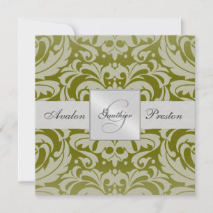 Olive Monogram Damask Wedding Invitation