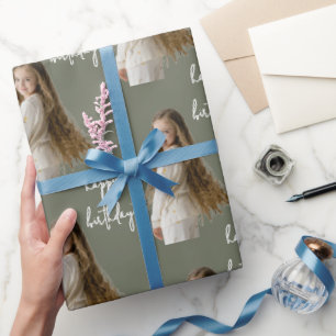 Olive Moss & Custom Birthday text and photo - Wrapping Paper