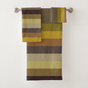 Olive, Mustard & brown Retro Vertical Stripes Bath Towel Set