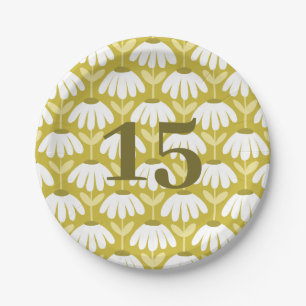 Olive Mustard Green Birthday Number Daisies Floral Paper Plate