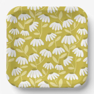 Olive Mustard Green Daisies Floral Pattern Paper Plate
