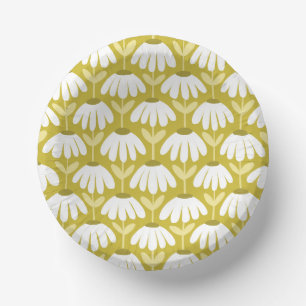 Olive Mustard Green Daisies Floral Pattern Paper Plate