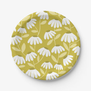 Olive Mustard Green Daisies Floral Pattern Paper Plate