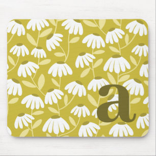 Olive Mustard Green Monogram Initial Daisy Floral Mouse Pad