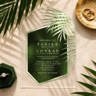 Olive Oasis Abstract Foil Palm Leaf Arch ID1324 Acrylic Invitations