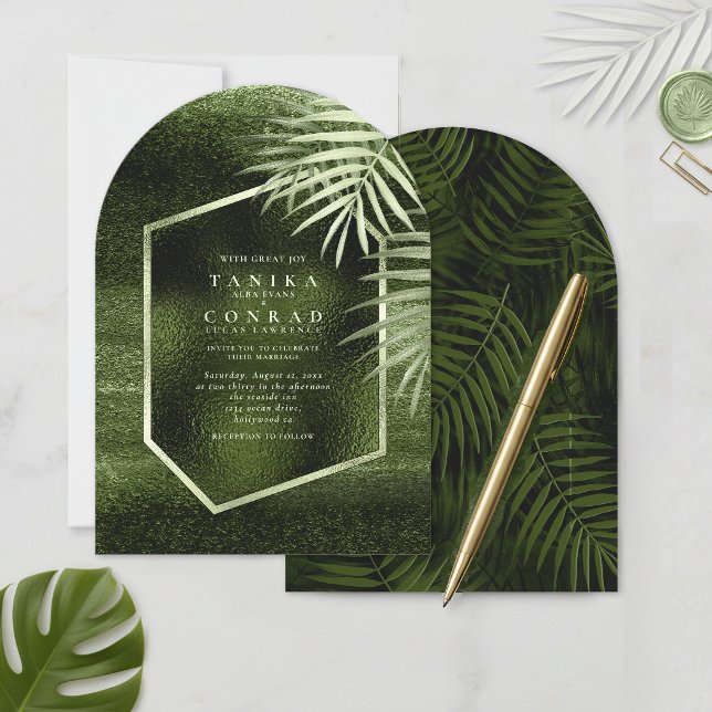 Olive Oasis Abstract Foil Palm Leaf Arch ID1324 Invitation (Creator Uploaded)
