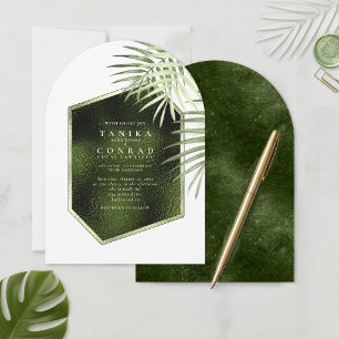 Olive Oasis Palm Leaf Foil Slate Wht Arch ID1324 Invitation