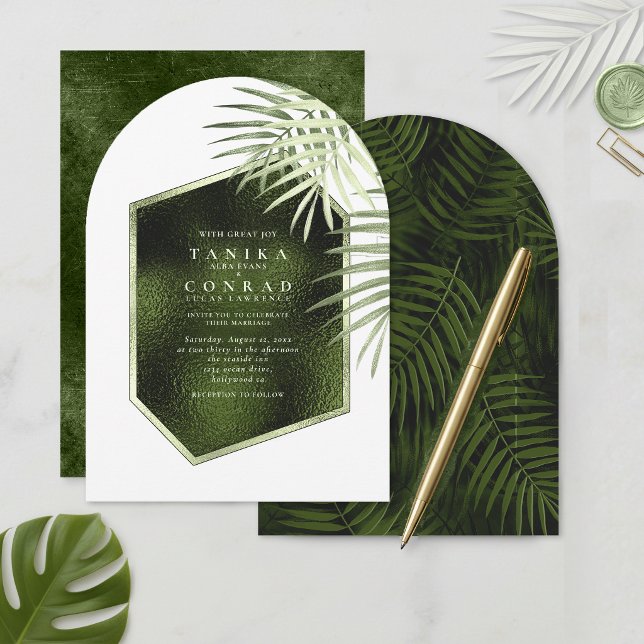 Olive Oasis Palm Leaf  Pattern Foil Wt Arch ID1324 Invitation (Creator Uploaded)