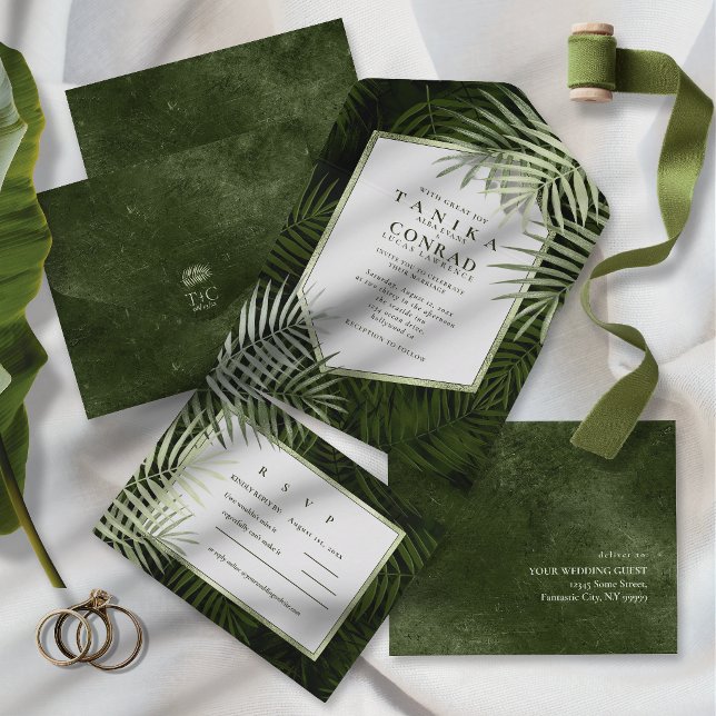 Olive Oasis Palm Leaf Pattern Wht Slate ID1324 All In One Invitation (Creator Uploaded)