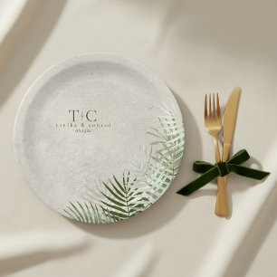 Olive Oasis Palm Leaves on Stone ID1324 Paper Plate