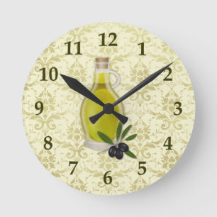 Olive Oil Bottle and Damask Pattern Round Clock