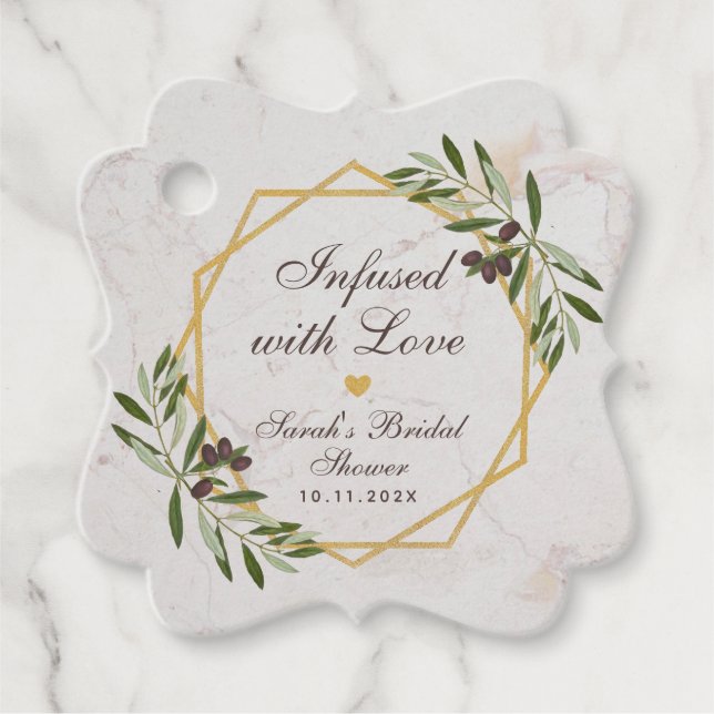 Olive Oil Bridal Shower Infused with Love Greenery Favour Tags (Front)