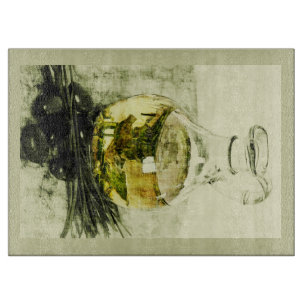 olive oil carafe still life cutting board