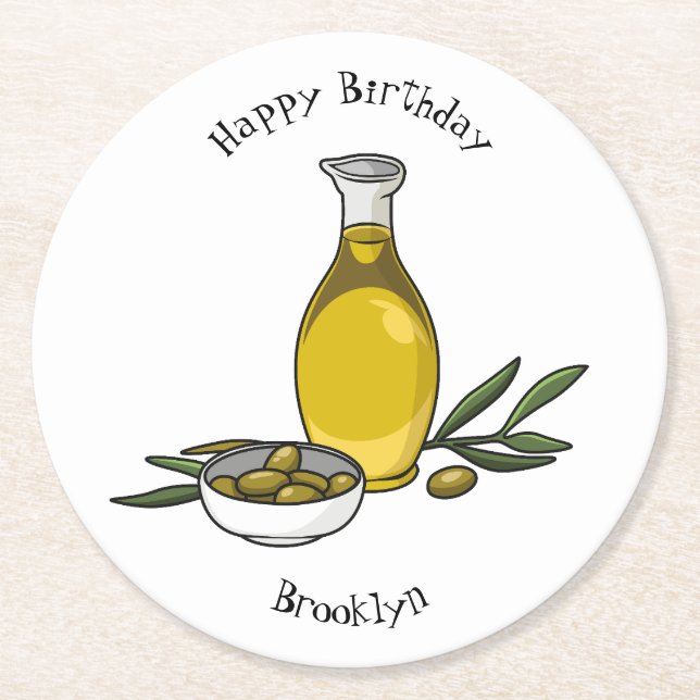 Olive oil cartoon illustration round paper coaster (Front)