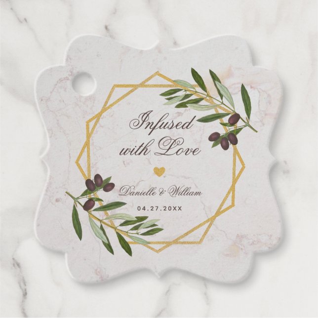 Olive Oil Infused with Love Gold & Foliage Wedding Favour Tags (Front)