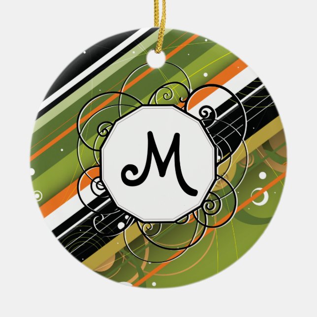 Olive & Orange Modern-Retro Stripes with Monogram Ceramic Tree Decoration (Front)