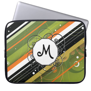 Olive & Orange Modern-Retro Stripes with Monogram Laptop Sleeve