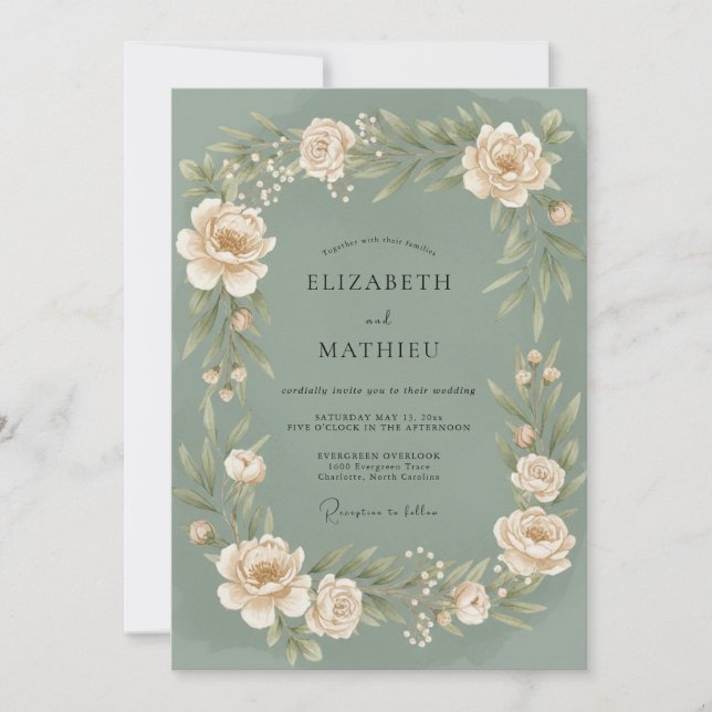 Olive Painted Petal Wedding Invitation (Front)