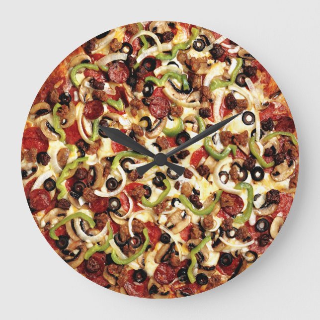 Olive Pepper Onion and Sausage Pizza Time Large Clock (Front)