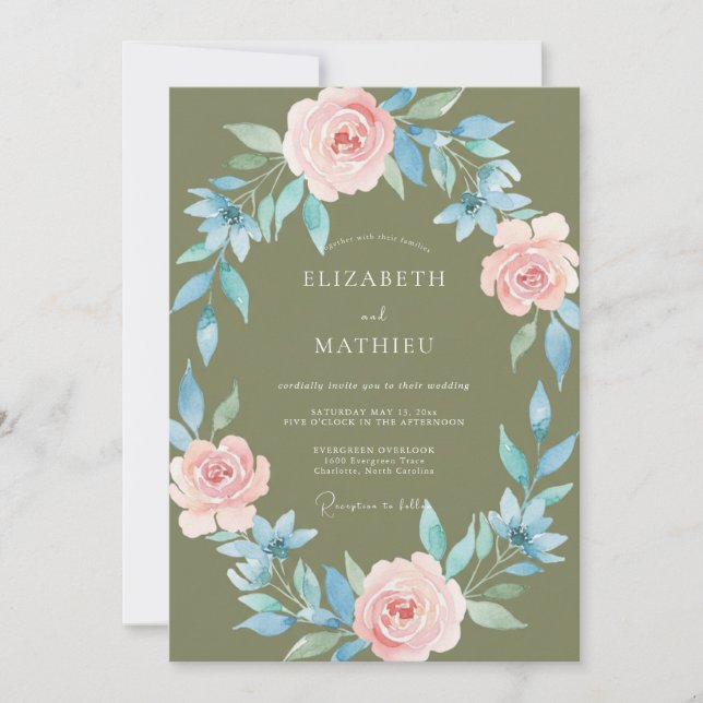 Olive Periwinkle Leaf Wedding Invitation (Front)