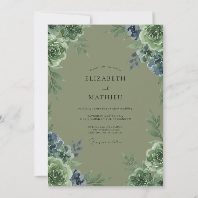 Olive Periwinkle Petal Wedding Invitation (Front)