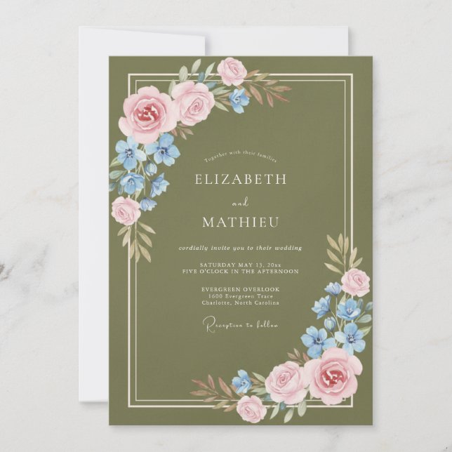 Olive Pink Ranunculus Eucalyptus Wedding Invitation (Front)