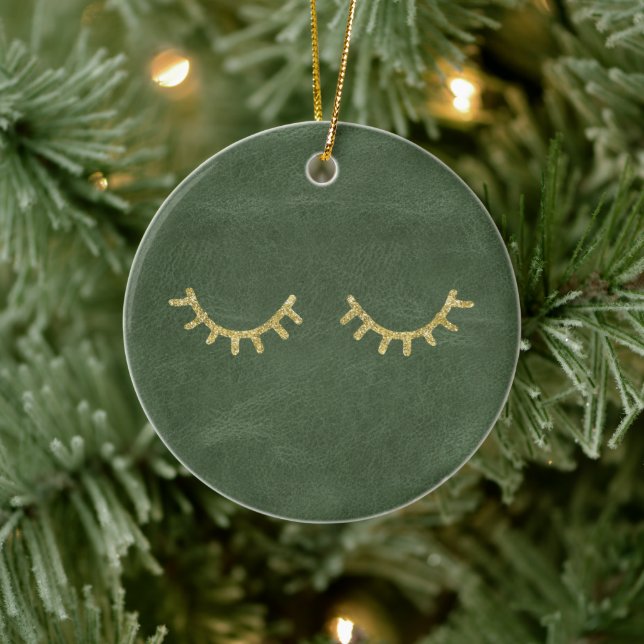 Olive Pistachio Green Gold Glitz Eyelashes Ceramic Ornament (Tree)