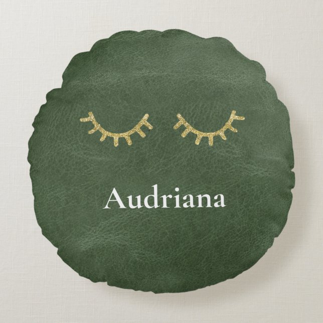 Olive Pistachio Green Gold Glitz Eyelashes Round Cushion (Front)