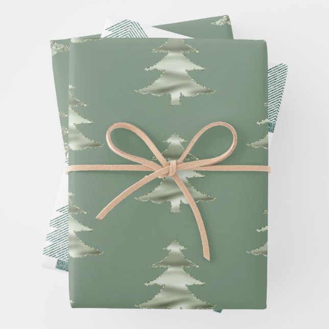 Olive Pistachio Mint Green Christmas Tree Wrapping Paper Sheet (In situ)