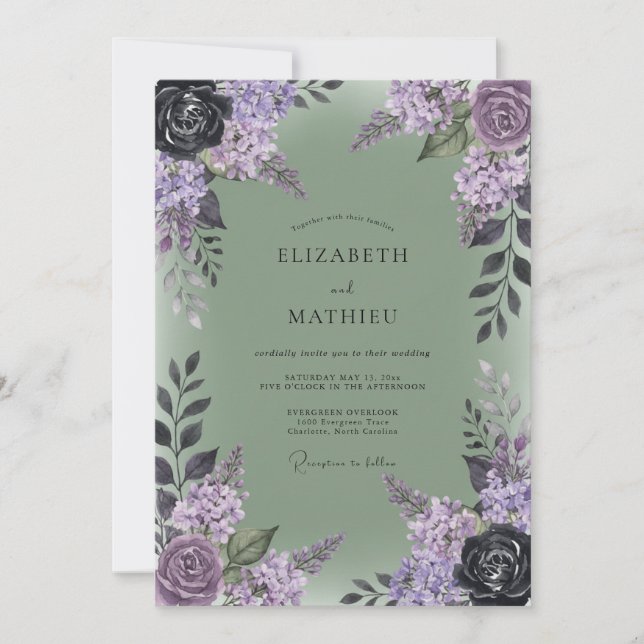 Olive Plum Lilac Eucalyptus Wedding Invitation (Front)