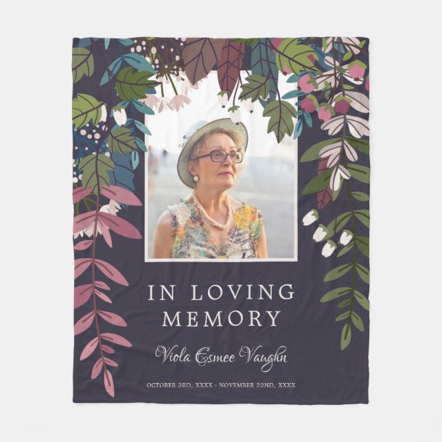 Olive Purple Greenery Photo In Loving Memory Fleece Blanket (Front)