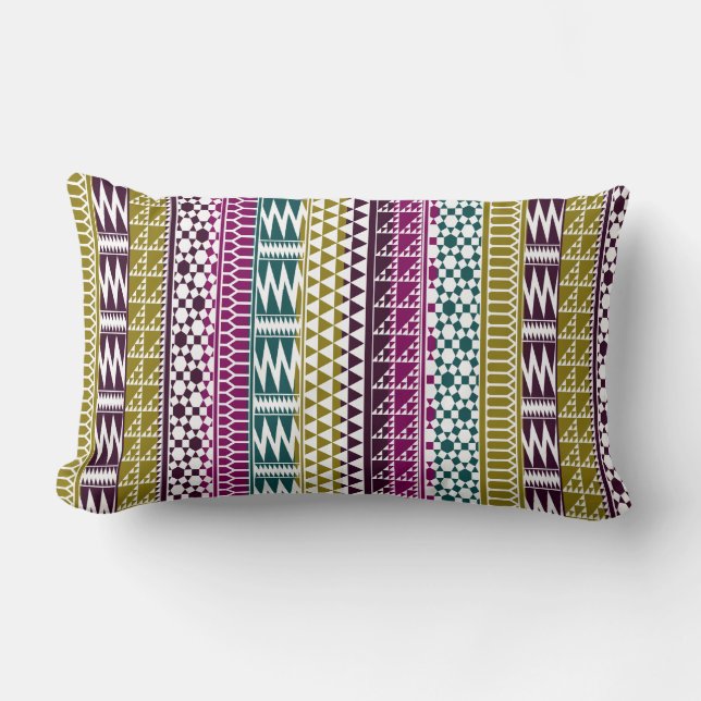Olive Purple Teal Geo Aztec Tribal Print Pattern Lumbar Cushion (Front)